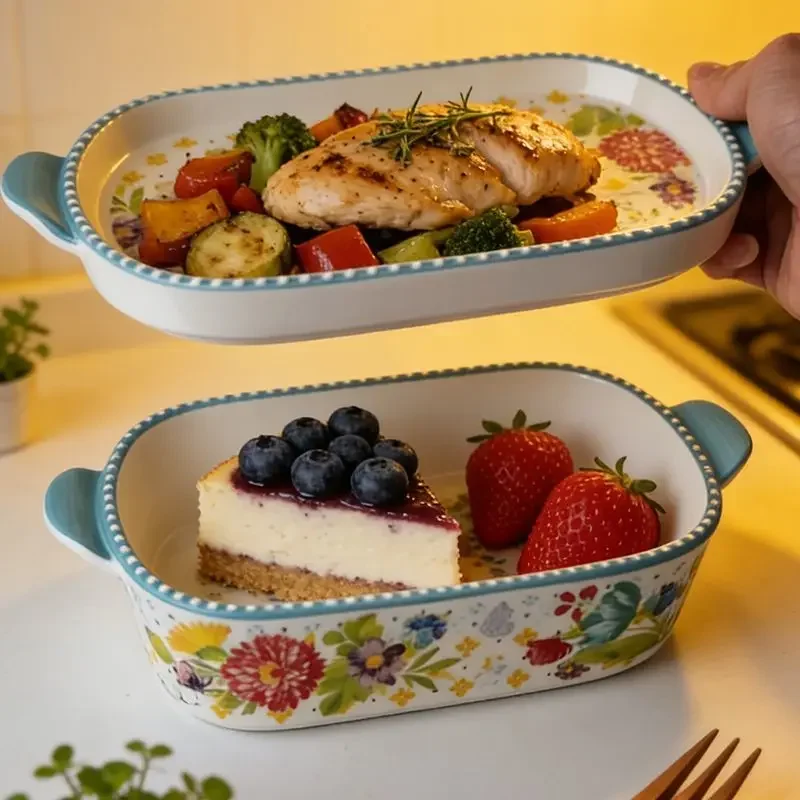 Creative Ceramic Bowl with Lid for Baking Fruit And Soup Women's Kitchenware Double Ear Dishware Elliptical Shape Daily Use