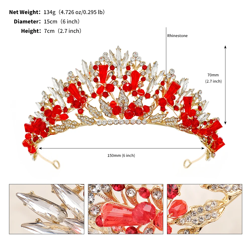 Rote Luxus Braut Hochzeit Krone handgemachte Strass elegante Tiara Halloween rote Kollektion Haarbänder Kopfschmuck Zubehör – Detail 17
