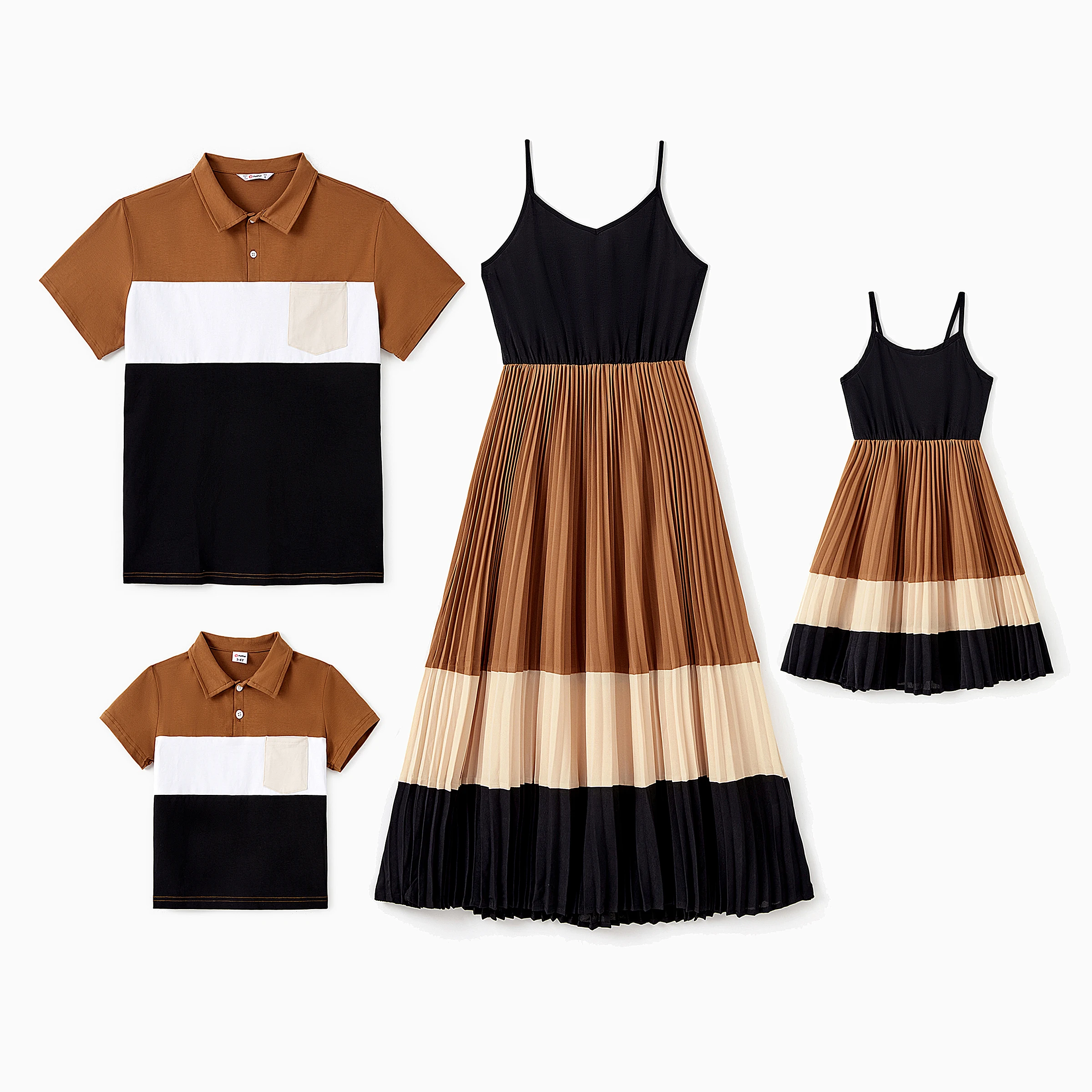 PatPat Family Matching Outfits Three-Color Tee Cami Strap Top Flowy Pleated Bottom Dress