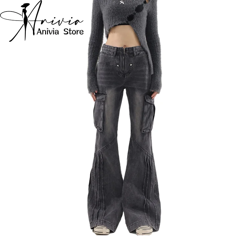 

Harajuku Streetwear Retro Fashion Women High Waist Jeans 2024 Horn Pocket Wide Leg Straight Loose Denim Trousers Y2K Baggy Pants