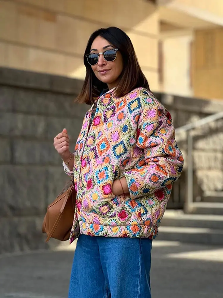 Abrigo de algodón con estampado Vintage para mujer, chaqueta acolchada de un solo pecho con cuello levantado, abrigo de calle alto con frente abierto, novedad de 2024