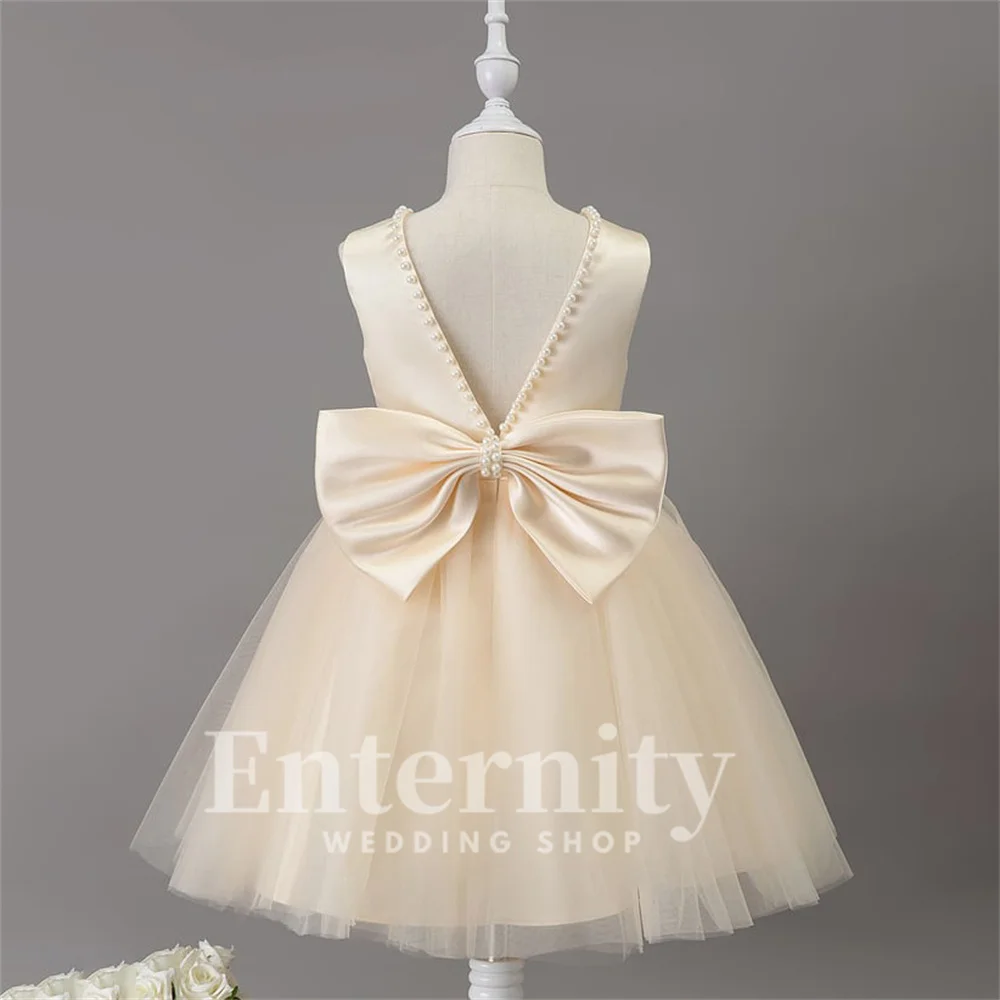 Flower Girl Dresses A-line Scoop Neck Girls Elegant Dresses Knee-Length Satin Tulle Beading Wedding Dresses Vestidos Para Niñas