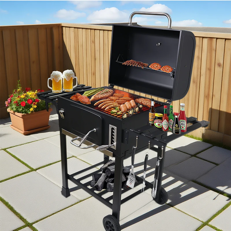 Heavy Duty Portable Modern Steel Powder Coated Trolley Offset Smoker Charcoal Barbecue Grill with Adjustable Height