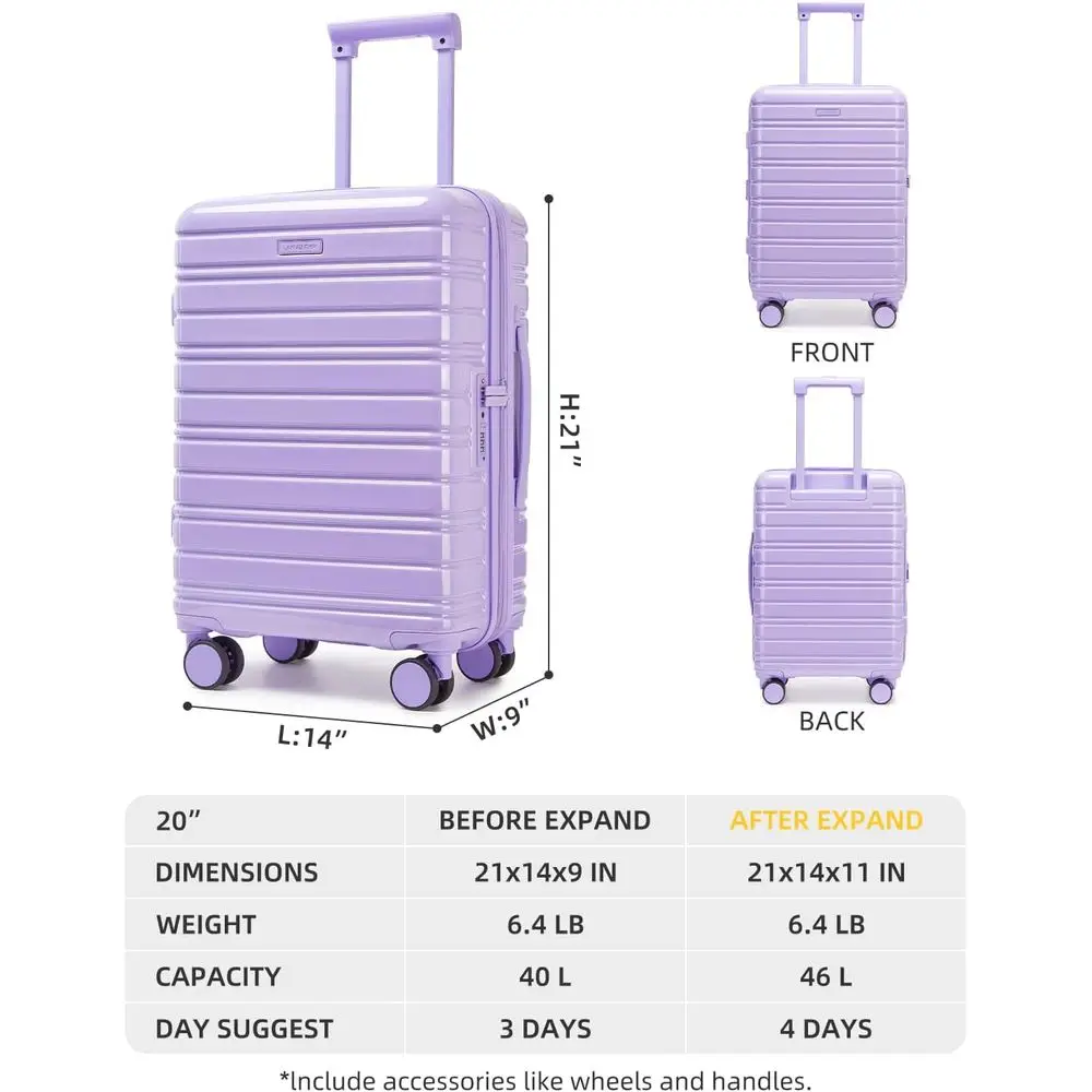 Mala de mão lavanda de 20 polegadas com rodas giratórias, expansível, trava TSA, PC + ABS Hardshell para viagens