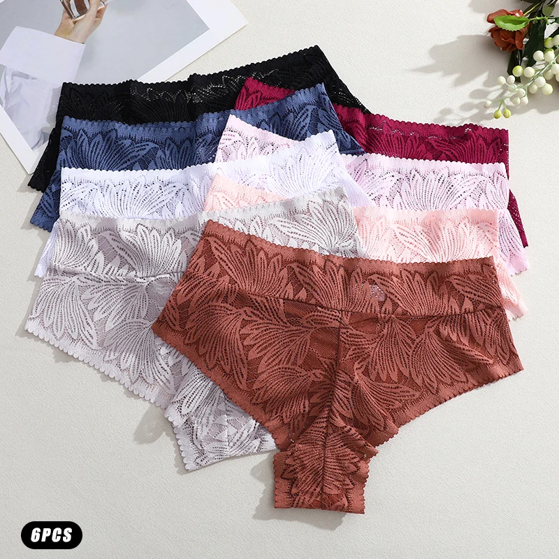 6pcs Women's Sexy Lace Breathable Panties Seamless High Waist Transparent G-String Solid Color Hollow Breathable Underwear S-XXL