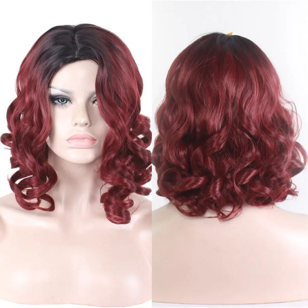 Wine red gradient curly wig short hair partial split full head set synthetic fiber high-temperature silk rose net