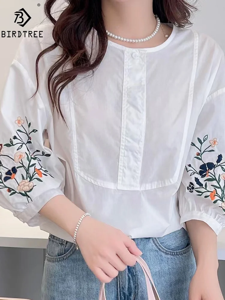 

New Spring Cotton Casual White Shirt Women Half Sleeve Floral Embroidery Top Girl OL Loose Sweet Blouses 2024 Summer T447121QM