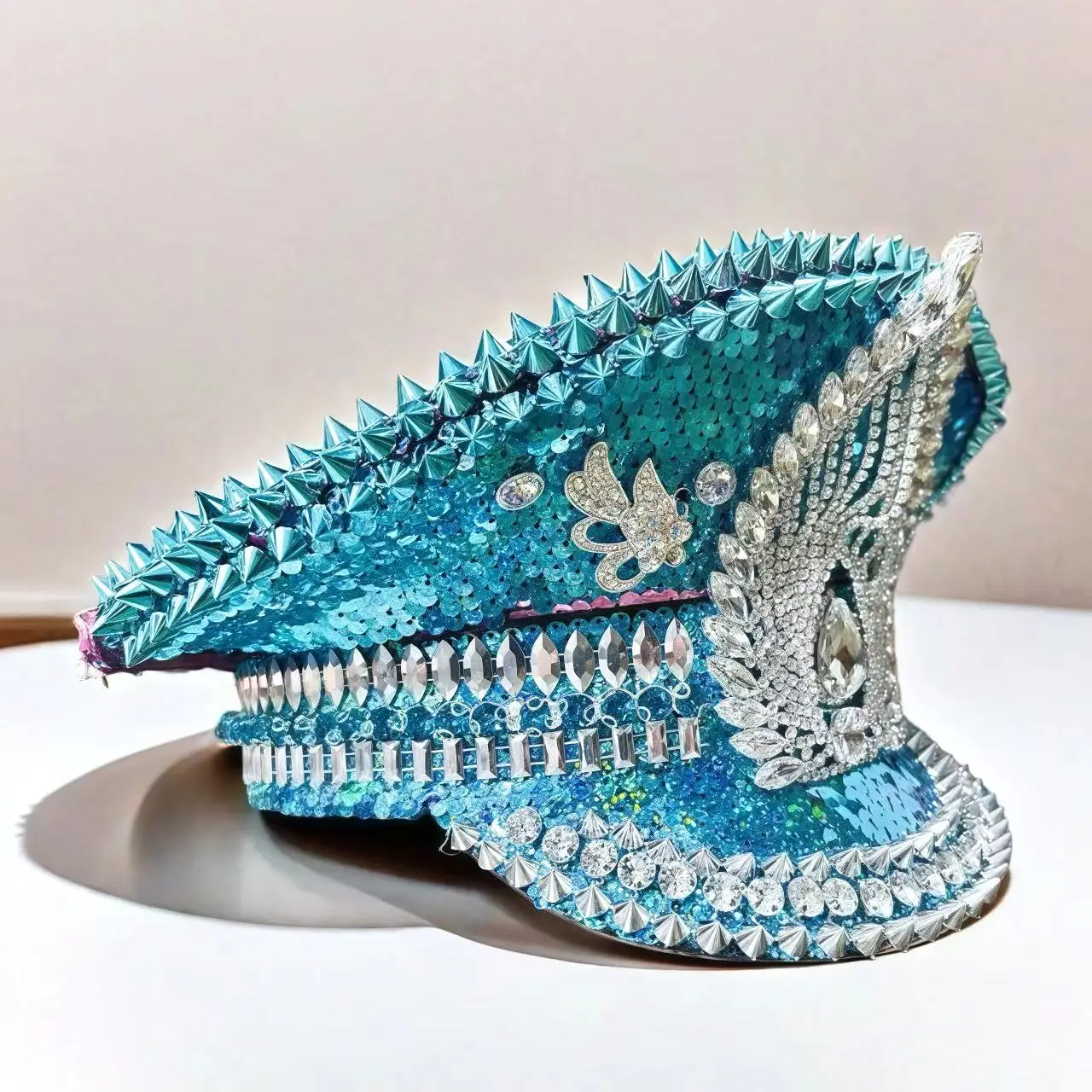 HongLuan Nappe blu Cappello da capitano Steampunk con strass per Burning Man Festival Donna, Accessori militari vintage e berretto da uomo