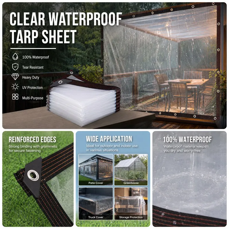 0.1mm Clear Greenhouse Film Tarpaulin, Light Duty Transparent Plastic Tarp, Waterproof Dustproof Heat Insulation Cover, Cold Resistant, Multipurpose Outdoor Protective Sheet for Greenhouse, Garden, Balcony, Plant Shelter, Backyard Patio Enclosure