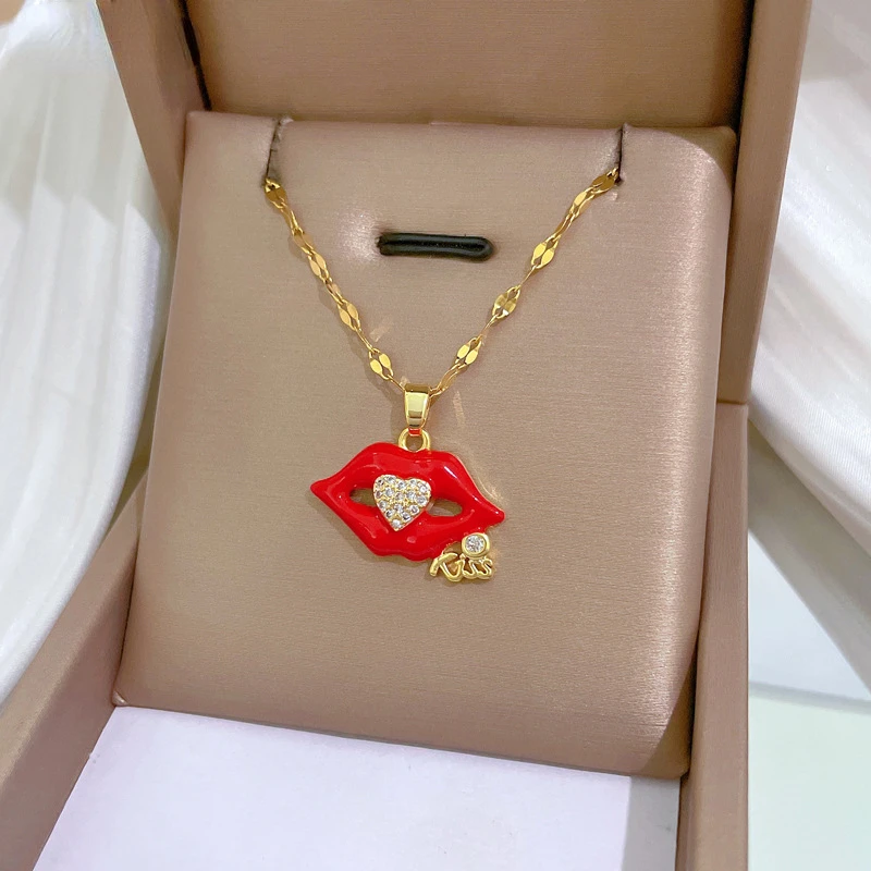 Stainless Steel Flame Red Lips Kiss Heart Pendant with Diamonds Necklace for Women Luxury Charming Jewelry Clavicle Chain Gifts