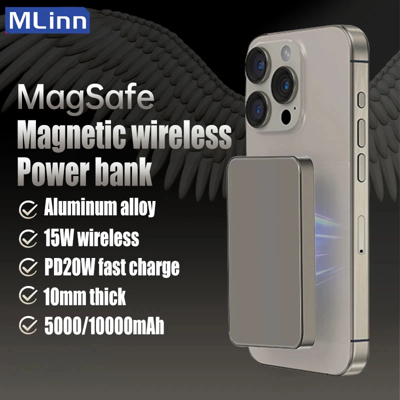 10000mAh Magnetic Wireless Power Bank PD20W Fast Charger Portable Spare Auxiliary Battery for MagSafe iPhone 15 14 13 12 Mini