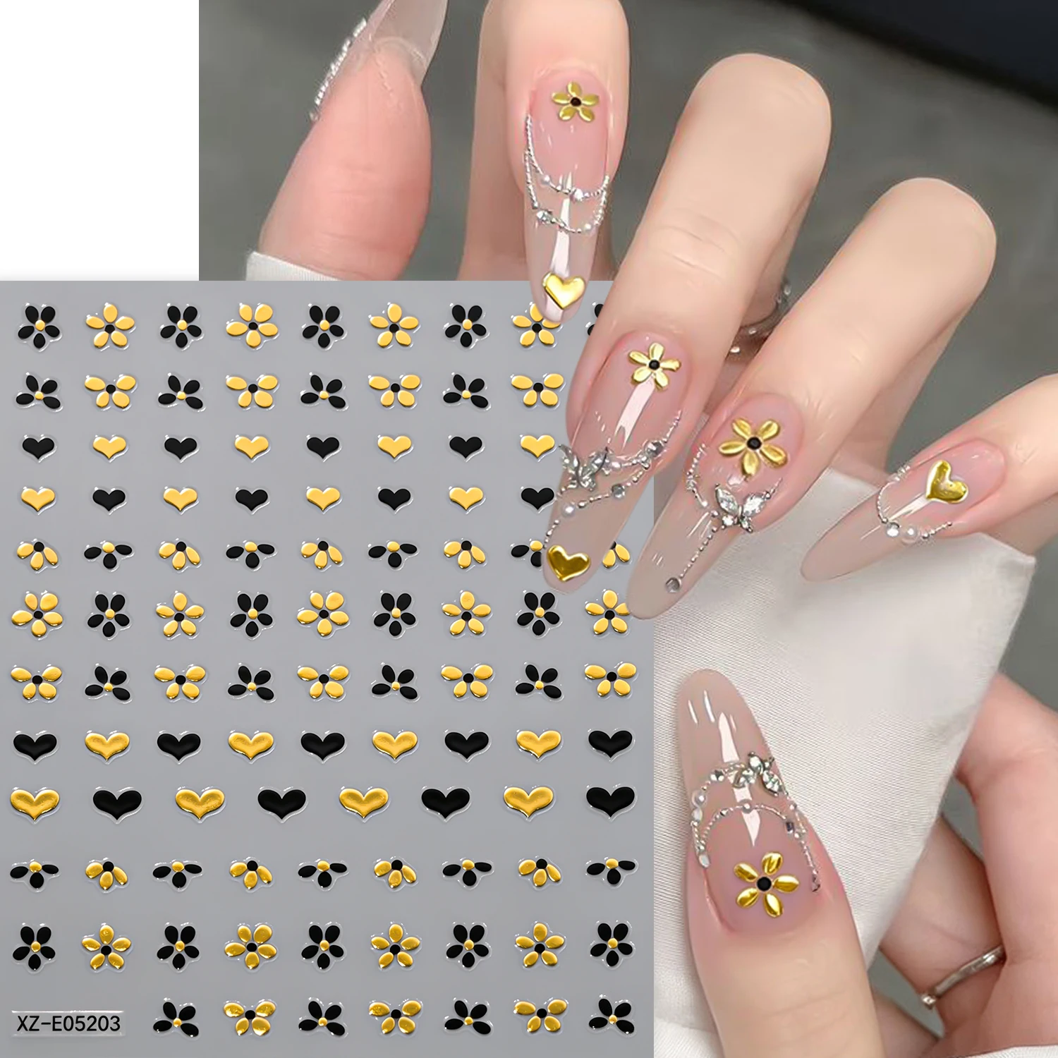 3D Black Gold Mini Love Flower Nail Art Sticker Bronzing Golden Five-petaled Floral Heart Nail Decals DIY Self-adhesive Nail Dec
