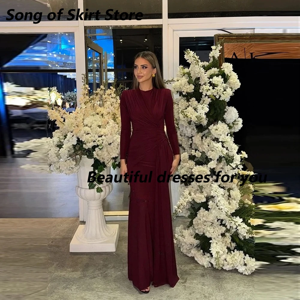 

Burgundy Prom Dress Customized O-Neck Full Sleeves Pleated Stretch Evening Gowns Floor Length Mermaid Formal Party Dresses