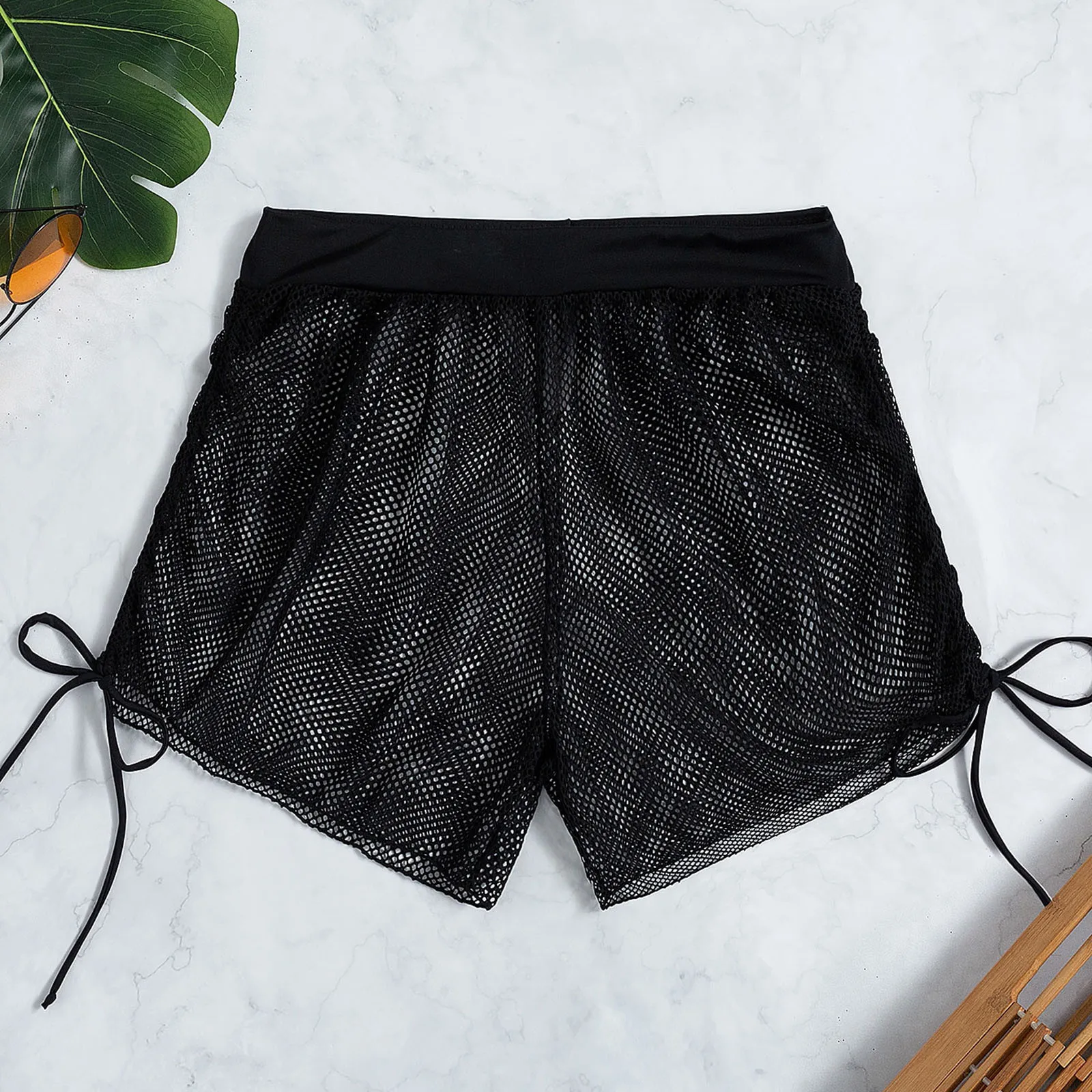 Sexy Women Solid Pareo Beach Bikini Cover Up Wrap Ruffle Shorts Sarong Beachwear Mesh coulisse Cover Up Shorts costume da bagno