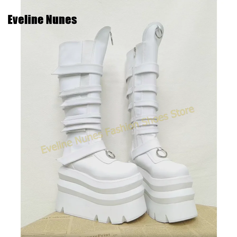Bright Yellow Platform Knee High Boots Multi Wide Strap Metal Ring Round Toe Thick Sole Height Increase Y2K Punk Street Style view 2