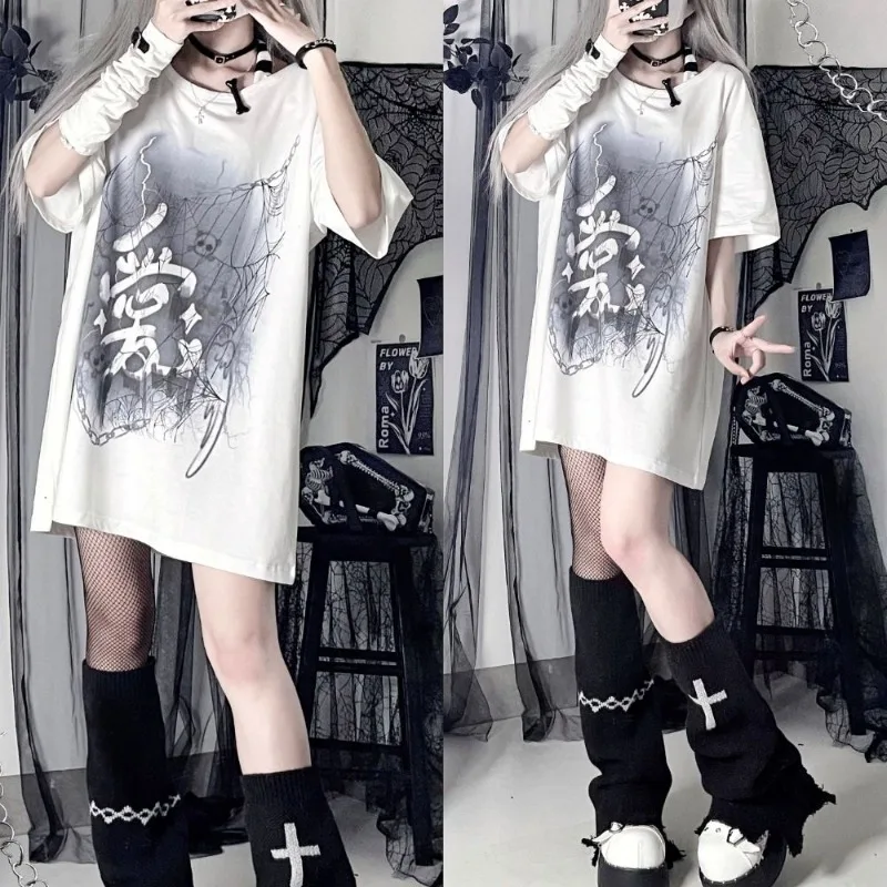 

Japanese Subculture Y2k Anime Print T-shirt Women's Loose Casual White Short-sleeved Tees Summer New Oversize Striped Strap Tops