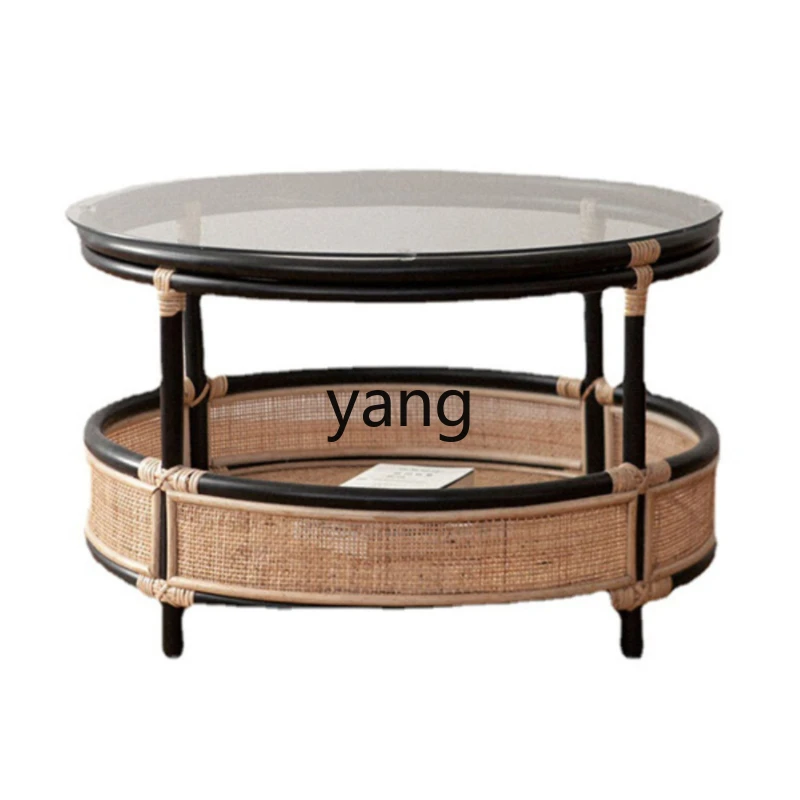 

Yjq round Rattan Tea Table Vintage Glass Low Table Simple Indoor Small Apartment Home