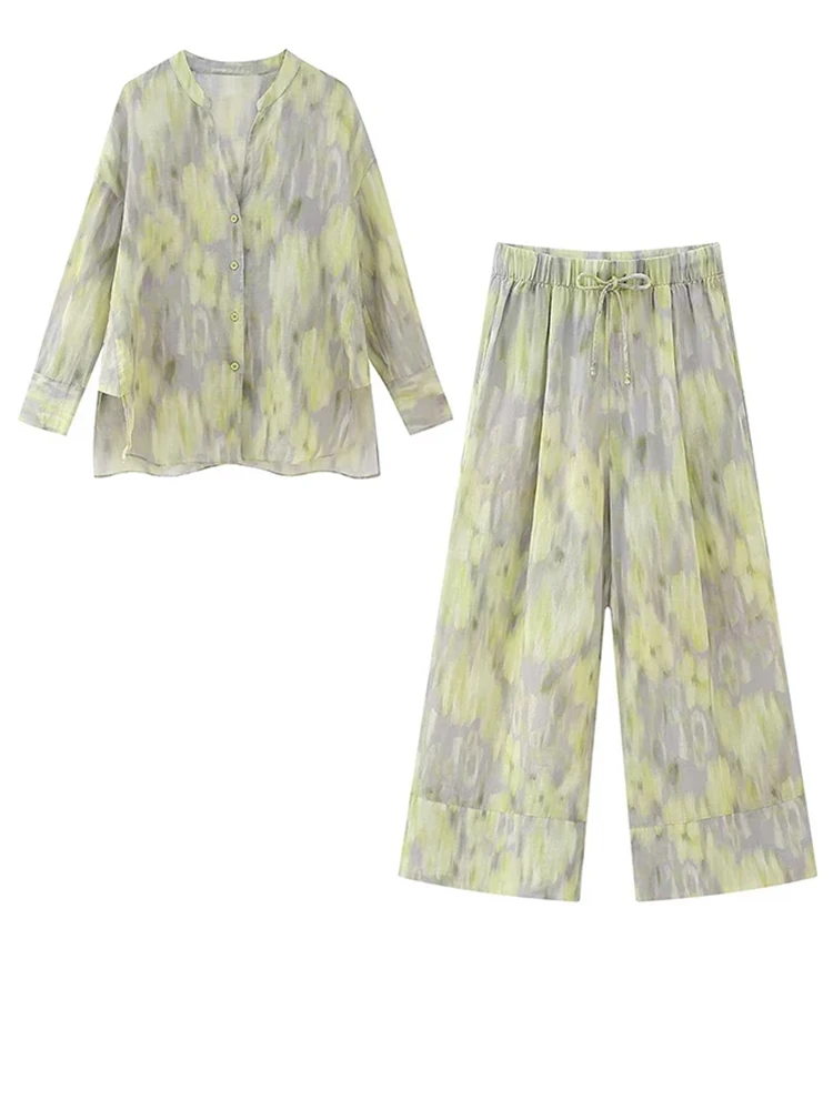 

Women Retro Printed Cotton Set Single Breasted V Neck Blouse High Waist Wide Leg Trousers with Drawstring