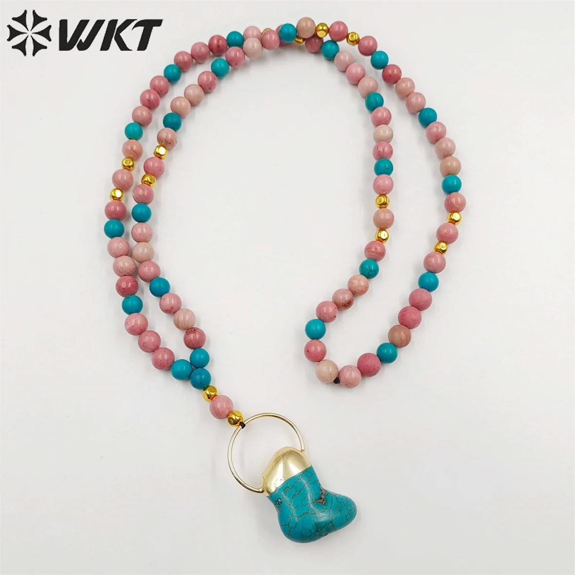 WT-N1410  WKT 2025 Fashion New Design Pink Opal&Turquoise Necklace Pendant Hot Sale 30inch Gemstone birthday Party Gift