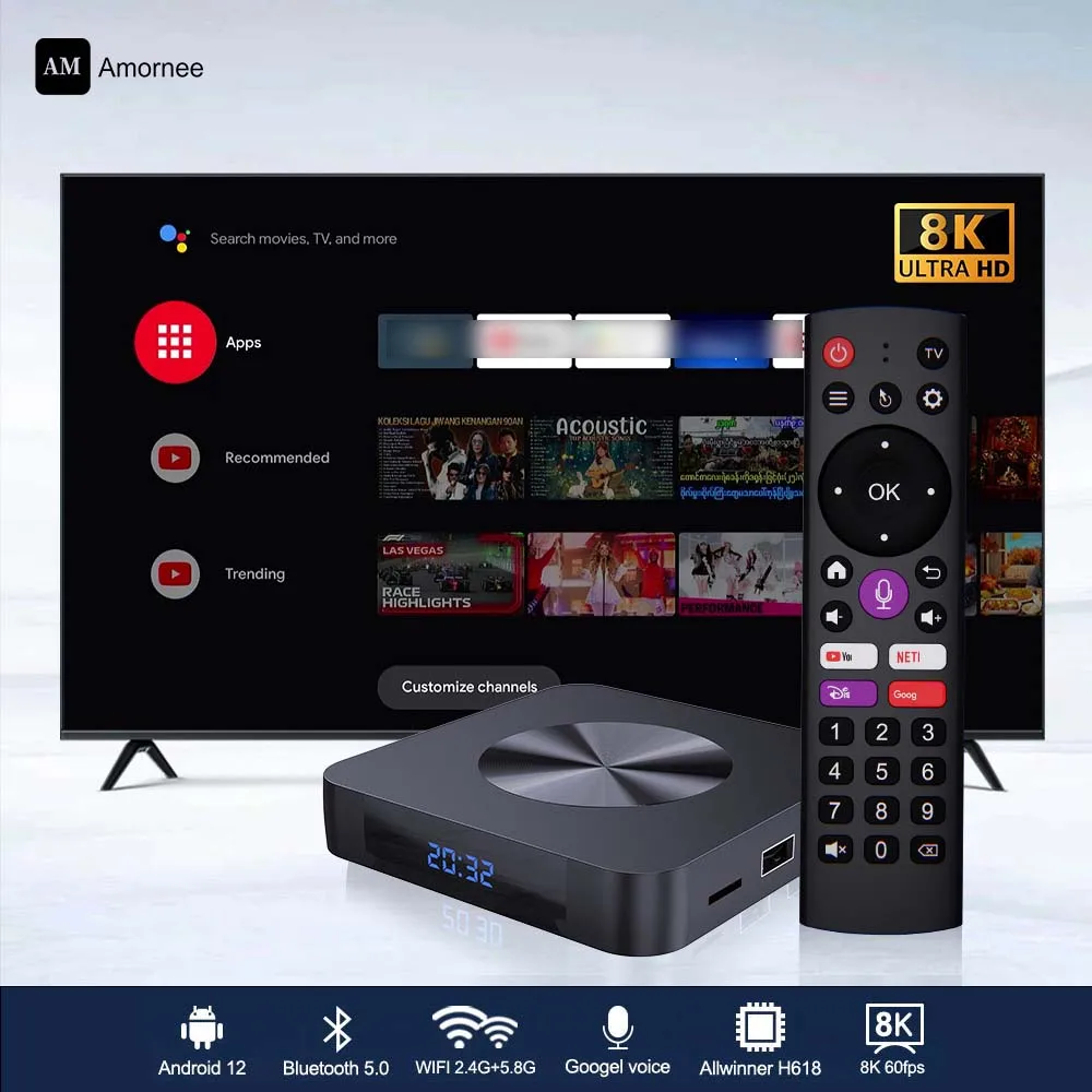 

Amornee Smart TV BOX Voice Control Allwinner H618 RAM 4GB ROM 32GB Android 12.0 Wifi6 LAN 100M WiFi 6 BT5.0 Media Player