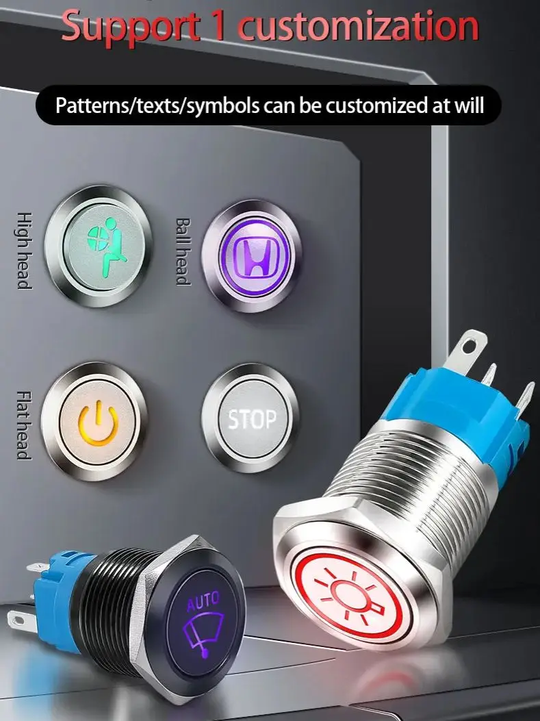 19MM Flat Head Momentary/Locking Metal Button With LED Ring Light Power Control Switch 5-Pin Terminal