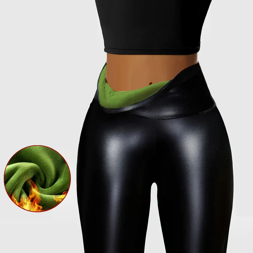 

Зимние женские сексуальные узкие леггинсы из искусственной кожи с высокой талией и узкими утепленными черными брюками на плюшевой подкладке, сохраняющие тепло колготки, наряд