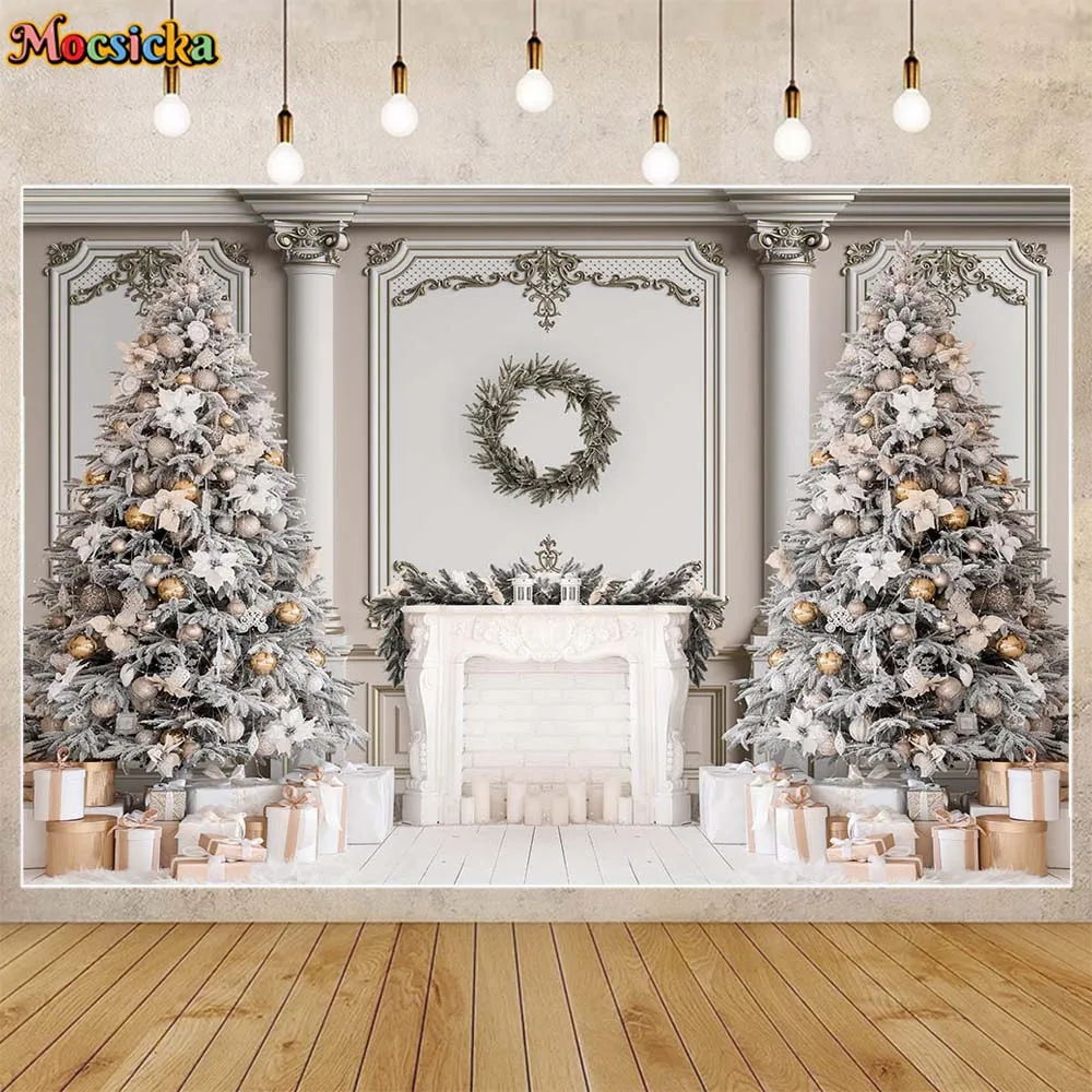 

Mocsicka Christmas Party Backdrop Interior Decor European Palace Wall Xmas Tree Kids Portrait Photography Background Family Prop