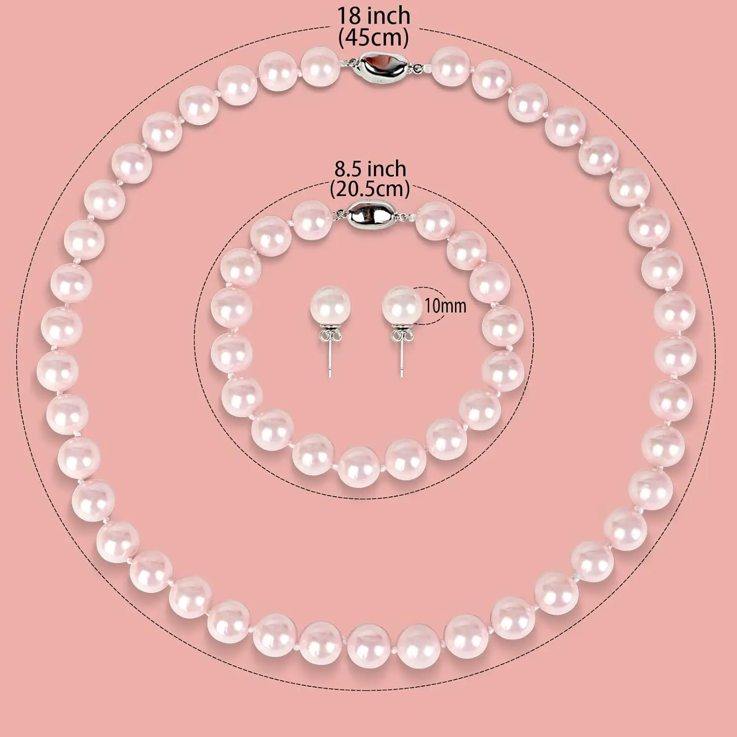 Pearl Necklaces Set For Women Men,10mm Round romantic Pink Shell Pearl Necklace Includes Bracelet Stud Earring 3 Piece Jewelry