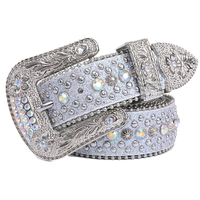 Rhinestones Belt for Men Women Western Cowboy Cowgirl Crystal Bling Studded Leather Belt for Jeans Pants Dresses