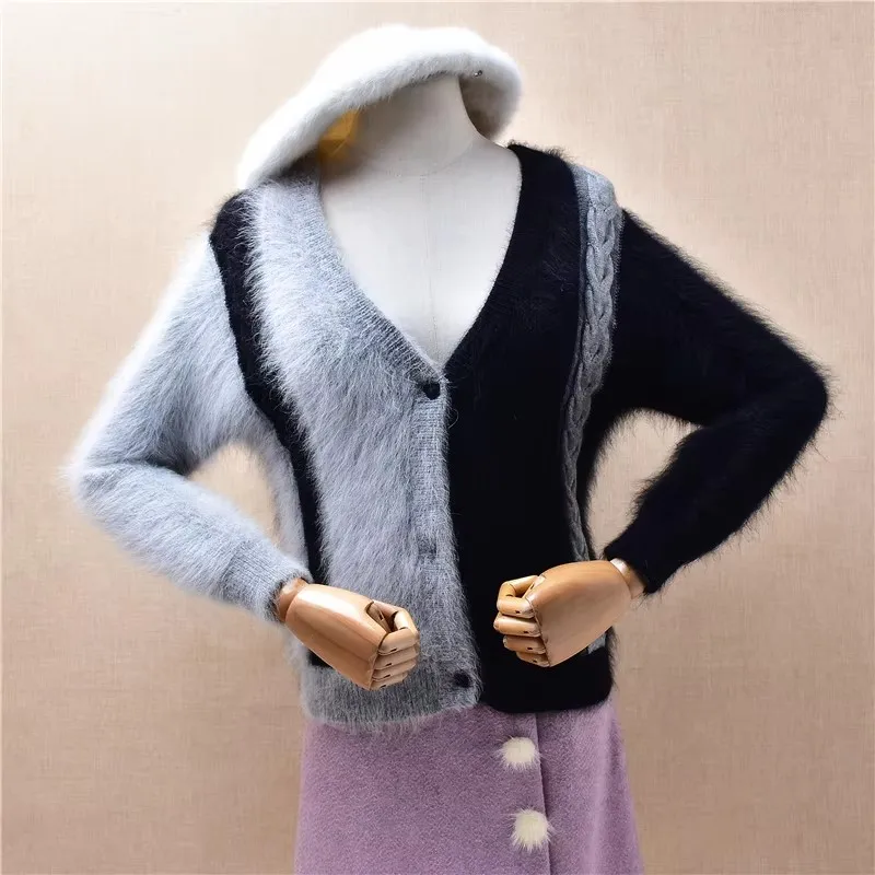 Women Mujer Fall Winter Clothing Colored Hairy Mink Cashmere Knitted V-Neck Crop Top Slim Cardigans Sweater Jacket Coat Pull Top