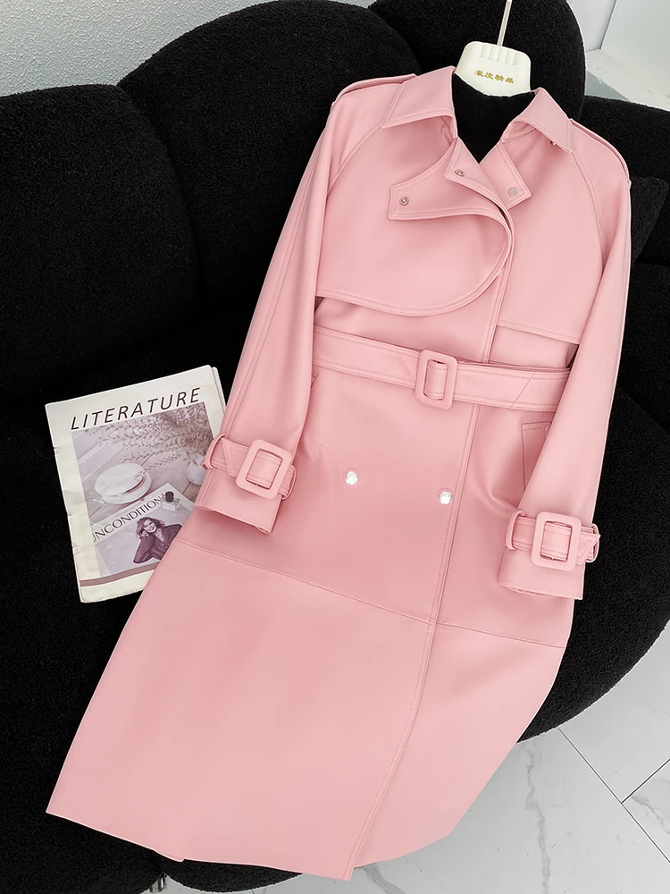 Veste longue en cuir véritable pour femmes, coupe cintrée, élégante, Double boutonnage, rose, ceinturée, Trench-vent en peau de mouton, 2025