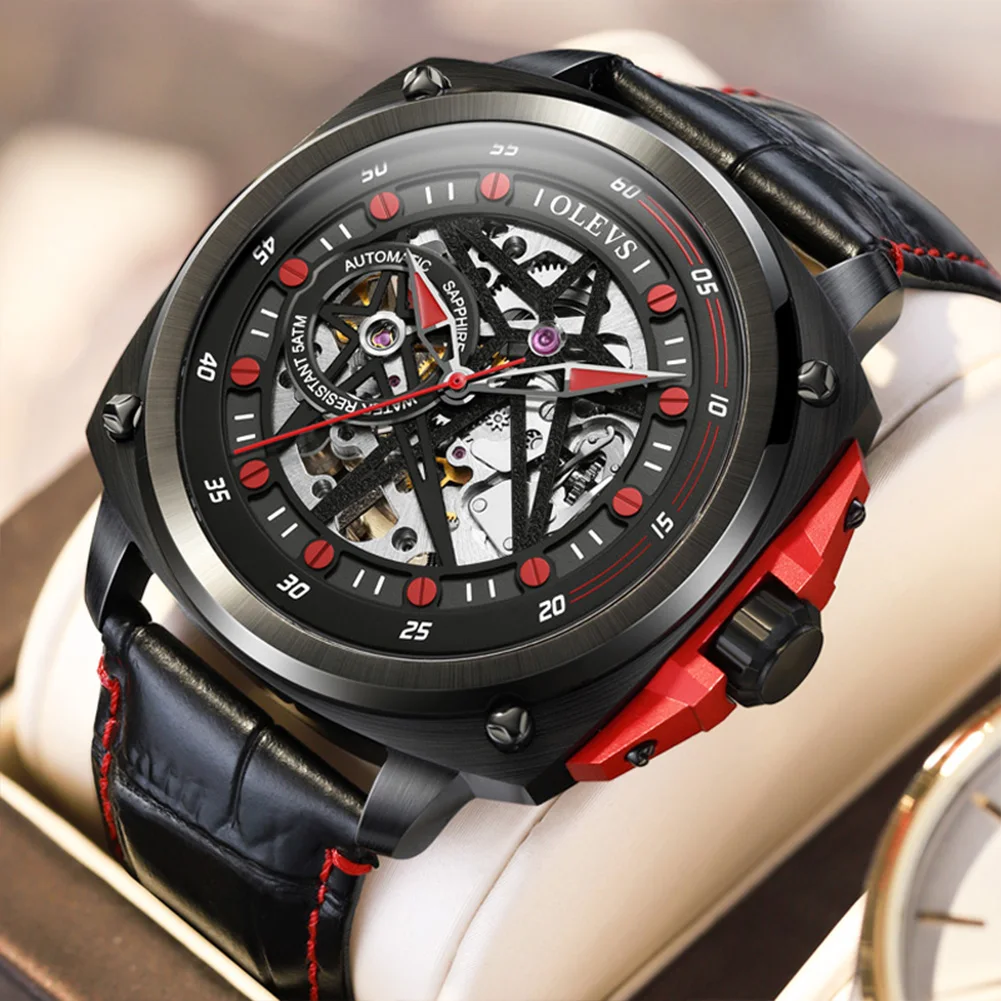 

OLEVS Luxury Skeleton Square Dial Watch For Men High Quality Automatic Mechanical Waterproof Men's Watches Reloj Hombre