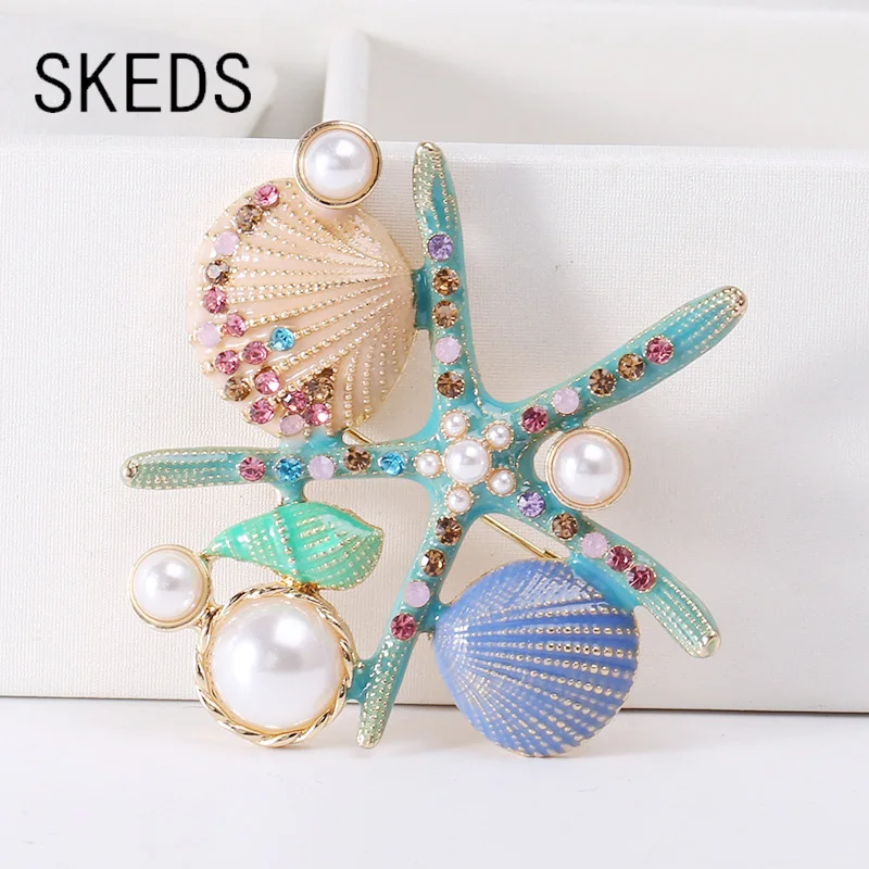 SKEDS Women Girls Sea Star Pearl Brooch Pin Fashion Elegant Beach Sea-Side Accessories Rhinestone Brooches Holiday Best Gift