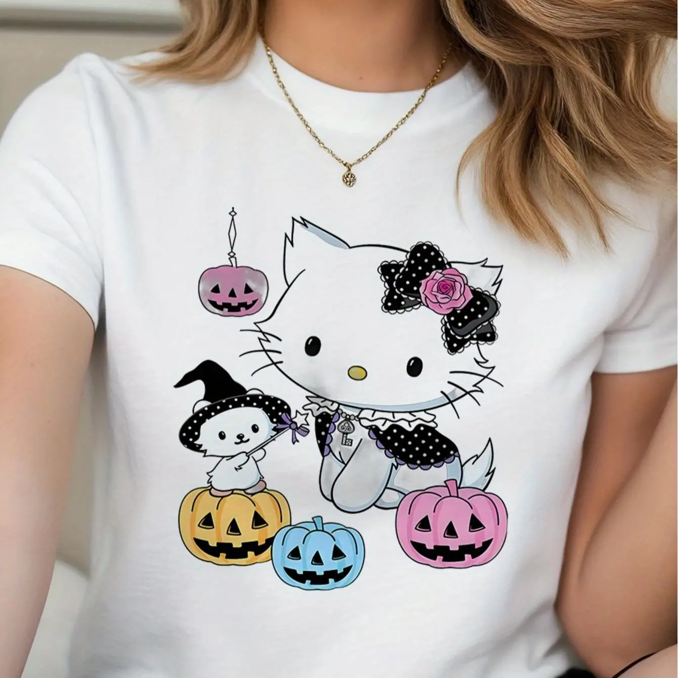 

Sanrio Hello Kitty Women's T-shirt - Soft Round Neck, Pumpkin Lantern, Witch Hello Kitty and Pochacco Prints, Machine Washable