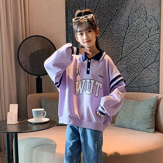 2024 Korean Spring Autumn Junior Girl Sweatshirt Teenager Girl Letter Lapel Long Sleeve Tops School Girl Casual Loose Pullovers