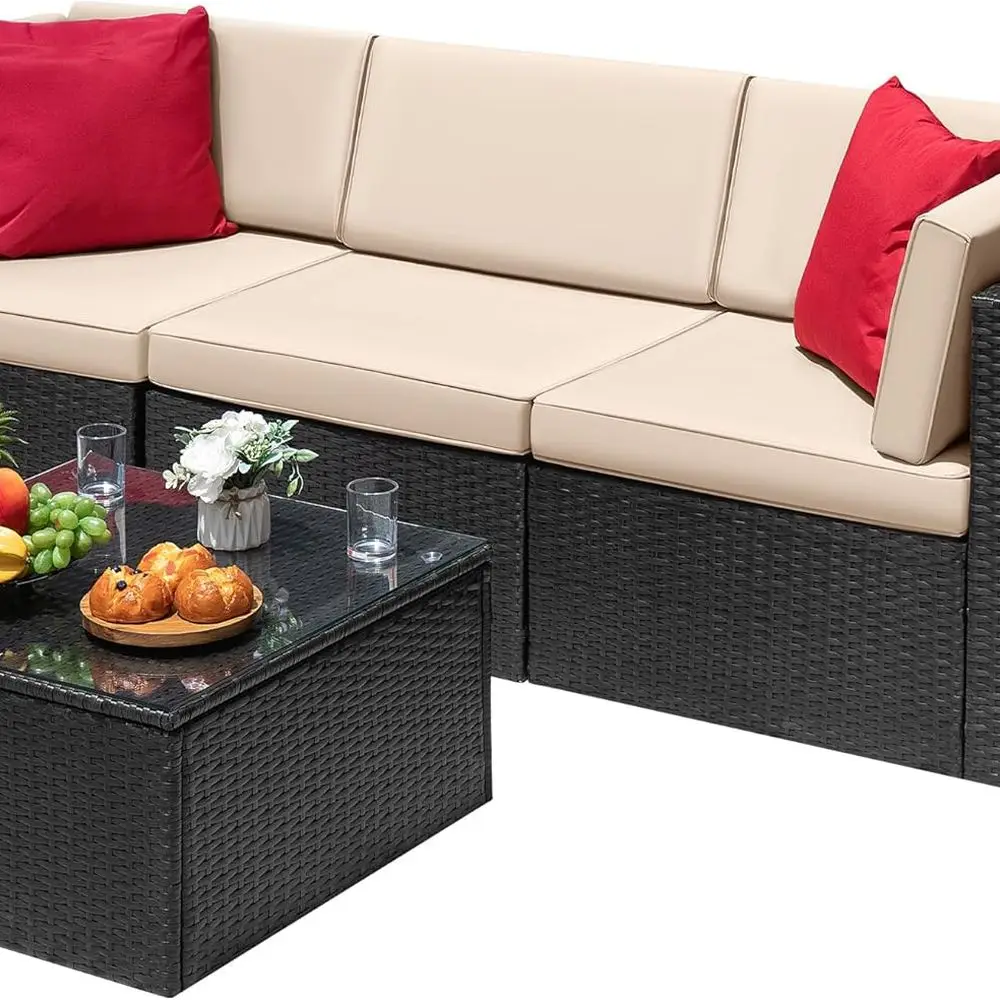 

Всепогодный бежевый комплект секционной мебели для патио на открытом воздухе с подушками и стеклянным столом