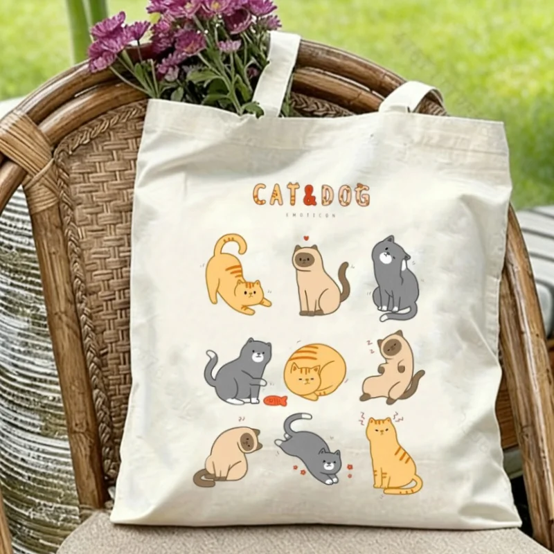 

1 шт. холщовая сумка-тоут с двусторонним принтом в виде милого кота, вместительная повседневная сумка через плечо для женщин