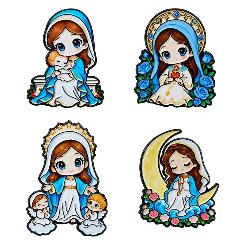 4Pcs Cute Chibi Virgin Mary Enamel Brooch Set Religious Catholic Kawaii Mother Mary Lapel Pins for Clothing Accessory
