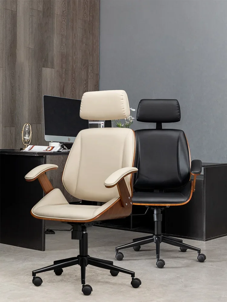 Solid Wood Gaming Chair Nordic Leather Office Furniture Lift Swivel Wooden Computer Chairs Home Comfortable Office Boss Armchair