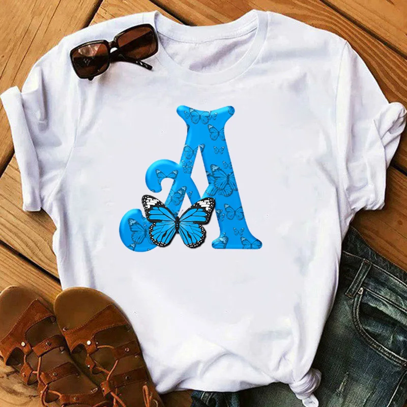 26 English Letters Butterfly Print T-shirt Short Sleeve Women Oversized T Shirt  Tops  Graphic Quick-dry T Shirts  Harajuku