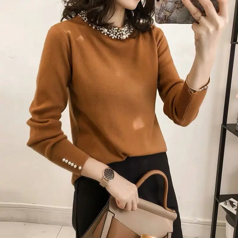 2022 New Spring And Autumn Handmade Bead Round Neck Knitted Sweater Women\'s Long Sleeve Temperament Thin Top