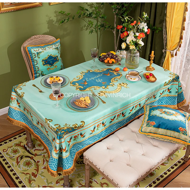 DAVINRICH Teal Color Tablecloth American Style Parrots Floral Printed Luxury Velvet Table Cloth Cover For Wedding Banquet Party