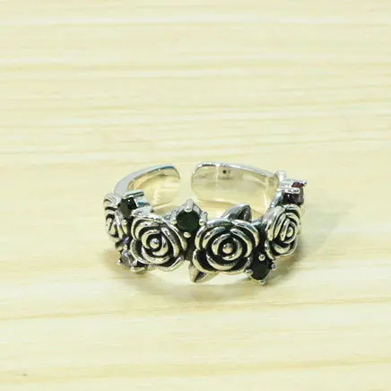 

S925 Sterling Silver Open Ring Colorful Crystal Personalized Men and Women Retro Single Rose Thai Silver Adjustable Ring