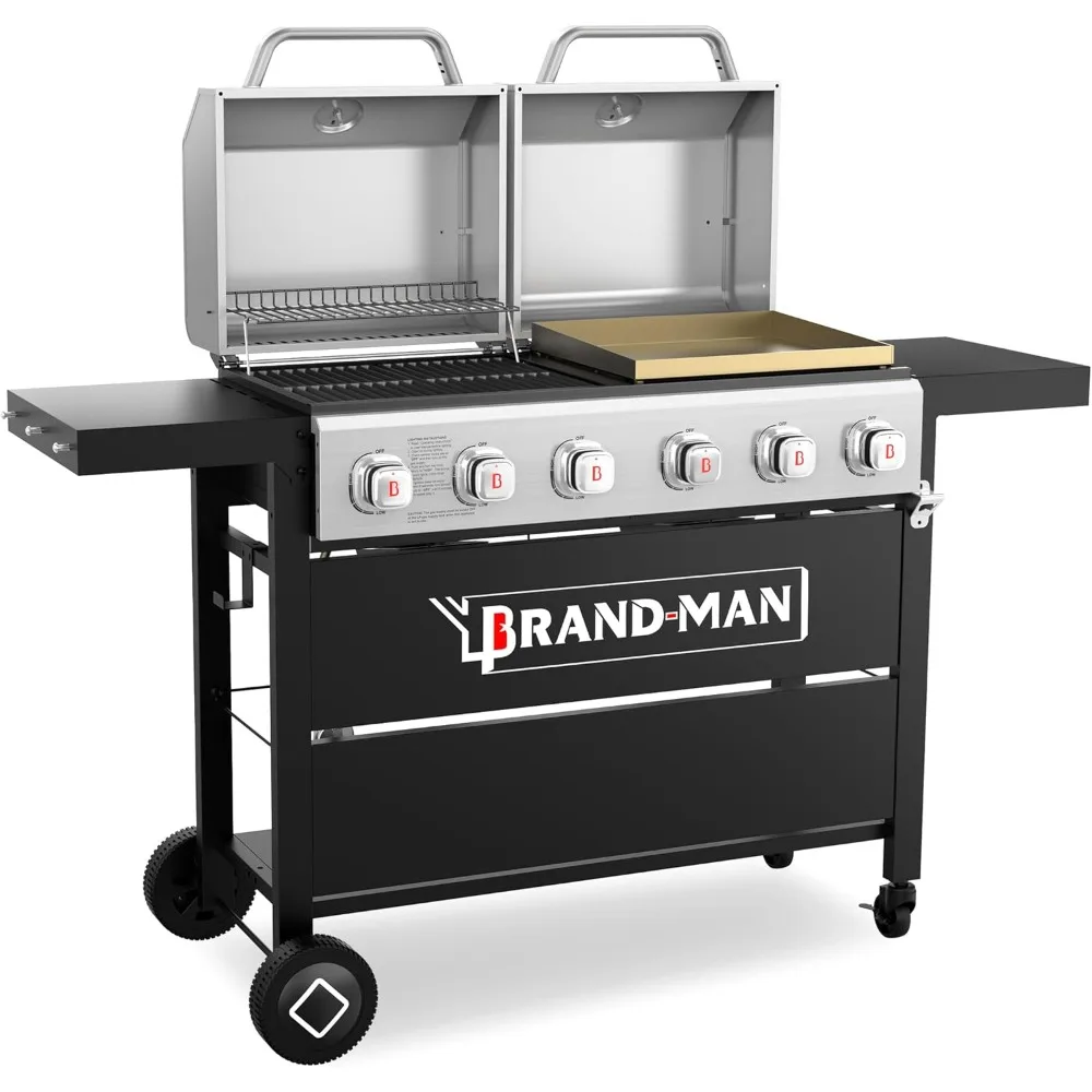 

Brand-Man Griddle Grill Combo 6-Burner, 2 in 1 Versatile Propane Gas Grill and Griddle with Double Stainless Steel Lids, BBQ Com