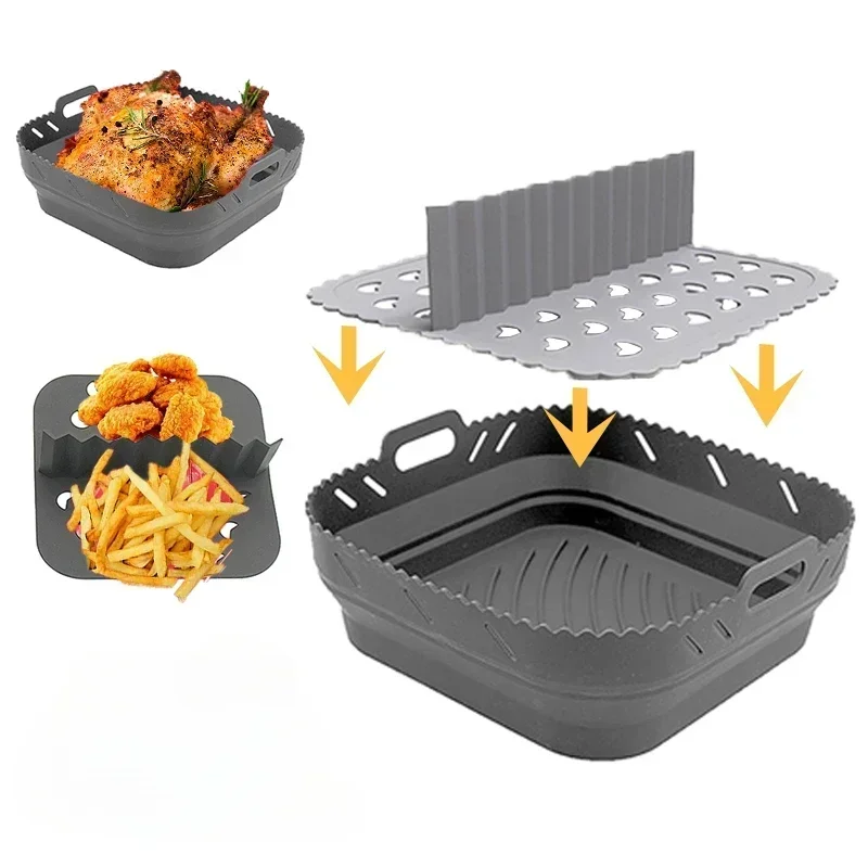 

Air Fryer Silicone Tray Oven Baking Tray Fried Chicken Baking Tool Reusable Liner Airfryer Silicone Basket with Divider Plate