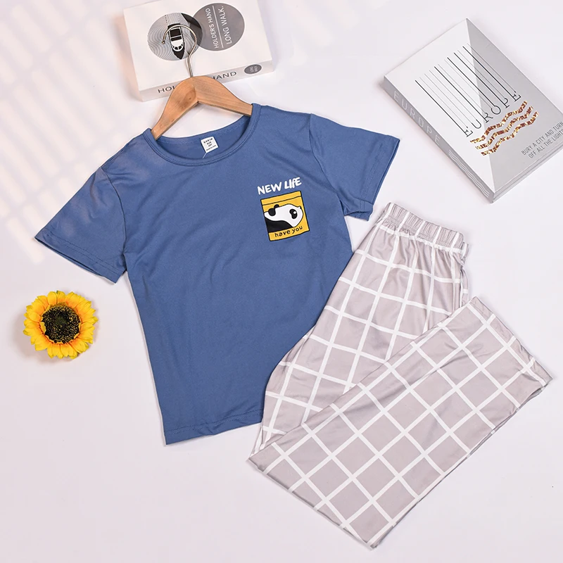

Summer Sleepwear Clothing Set Children Cartoon Panda T-Shirt+Checkered Pants 2PCS Cotton Pajama Kids Baby Boys Home Clothes Suit