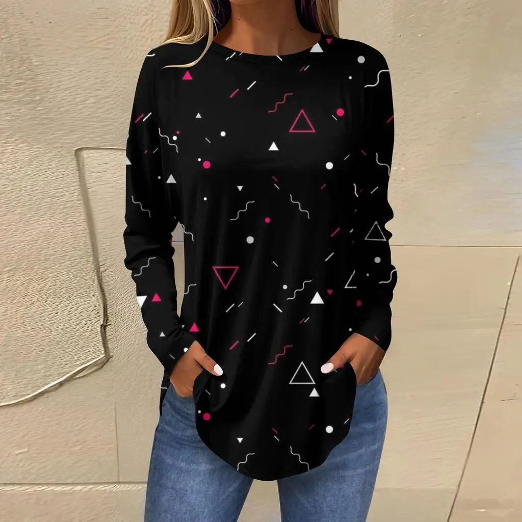 

Women's T-shirt 3D geometric irregular printing fashion long-sleeved round neck regular tops holiday weekend spring and autumn