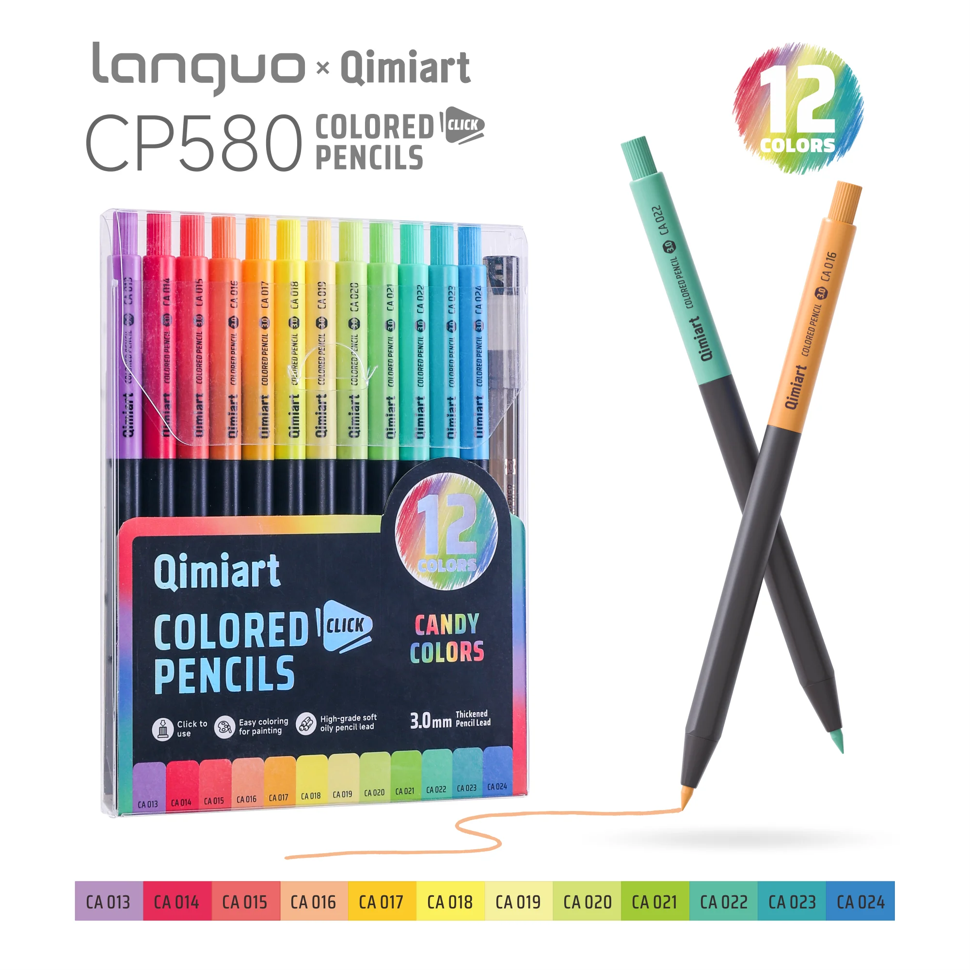 Languo 12-Farben Malstift-Set mit Druckmechanismus, 3,0mm Weichkern-Ölstifte für Skizzieren, Zeichnen, Malbücher und Schulbedarf