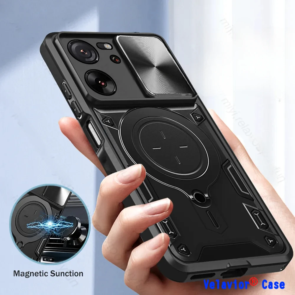 

For Xiaomi 13T Case Armor Shockproof for Xiaomi 13T Pro 5G Mi13T Mi 13T Cover Magnet Holder Ring Push Pull Camera Protect Fundas