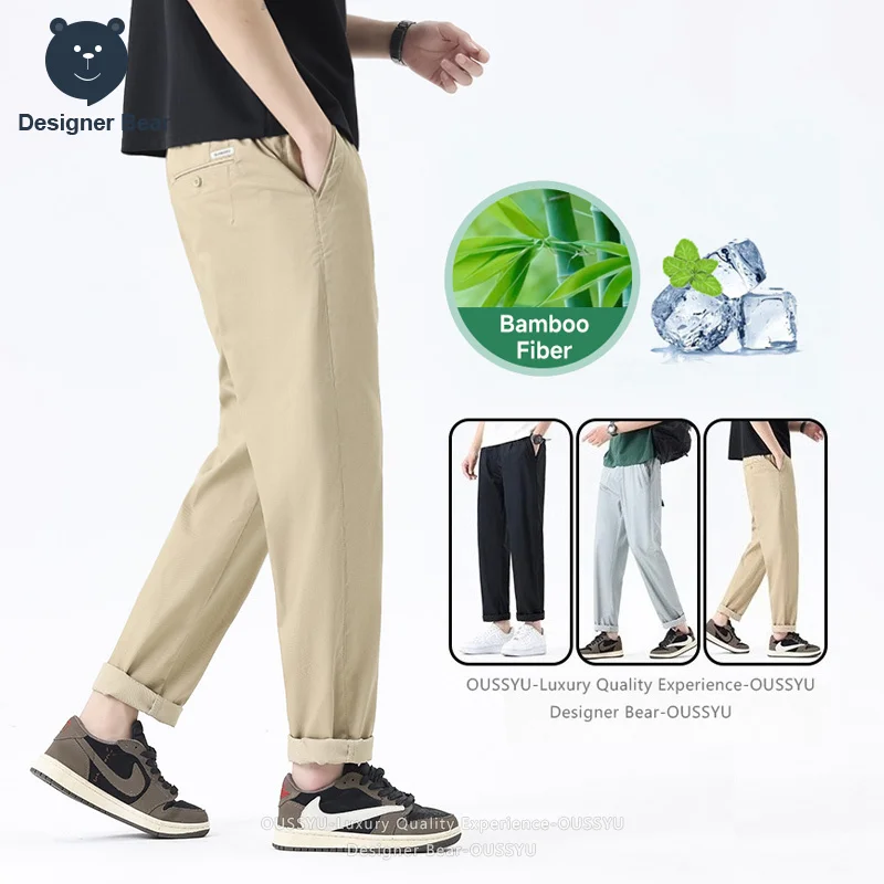 Pantalones de Verano para Hombre de Buena Calidad, Transpirables, de Fibra de Bambú, Suaves, Casuales, Color Caqui, Corte Chino, Rectos, Tipo Cargo, Ropa de Marca para Hombre
